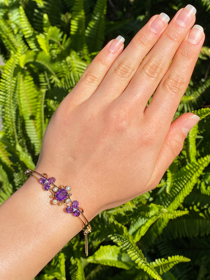 14K gold Edwardian amethyst, pearl, and diamond bangle.