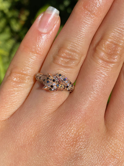 18K gold ruby and diamond leopard ring.