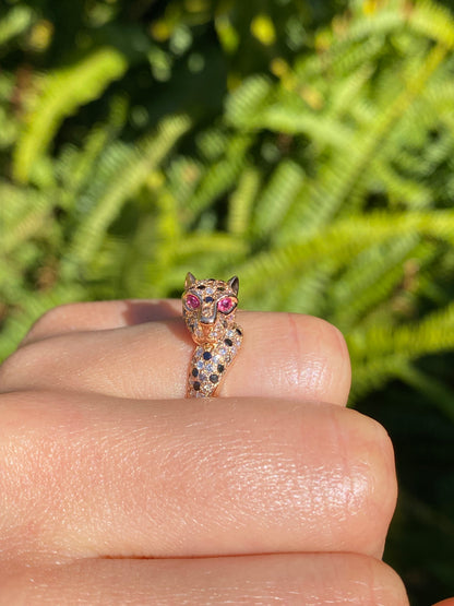 18K gold ruby and diamond leopard ring.