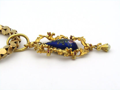 18K gold Georgian enamel, ruby, and seed pearl pendant with 18K gold popcorn chain by UnoAerre.