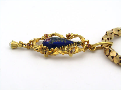 18K gold Georgian enamel, ruby, and seed pearl pendant with 18K gold popcorn chain by UnoAerre.