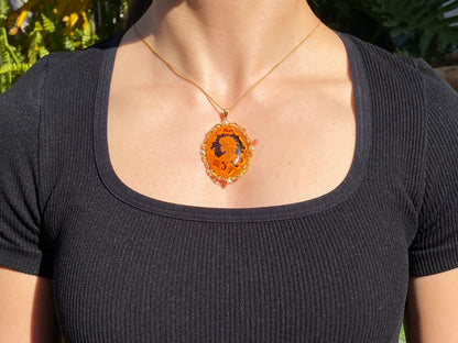 9K gold amber and cultured akoya pearl filigree pendant.