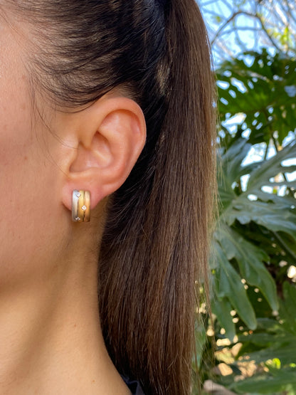 18K tri-colour gold diamond huggie earrings, circa 1970's.