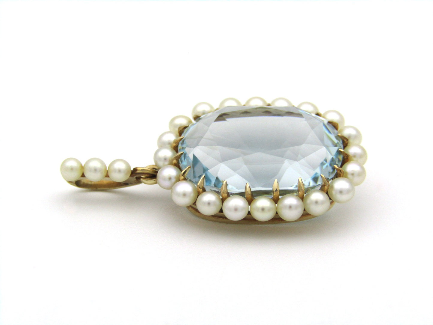 14K gold Victorian aquamarine and seed pearl pendant, circa 1880.