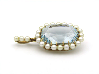 14K gold Victorian aquamarine and seed pearl pendant, circa 1880.