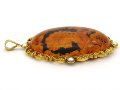 9K gold amber and cultured akoya pearl filigree pendant.