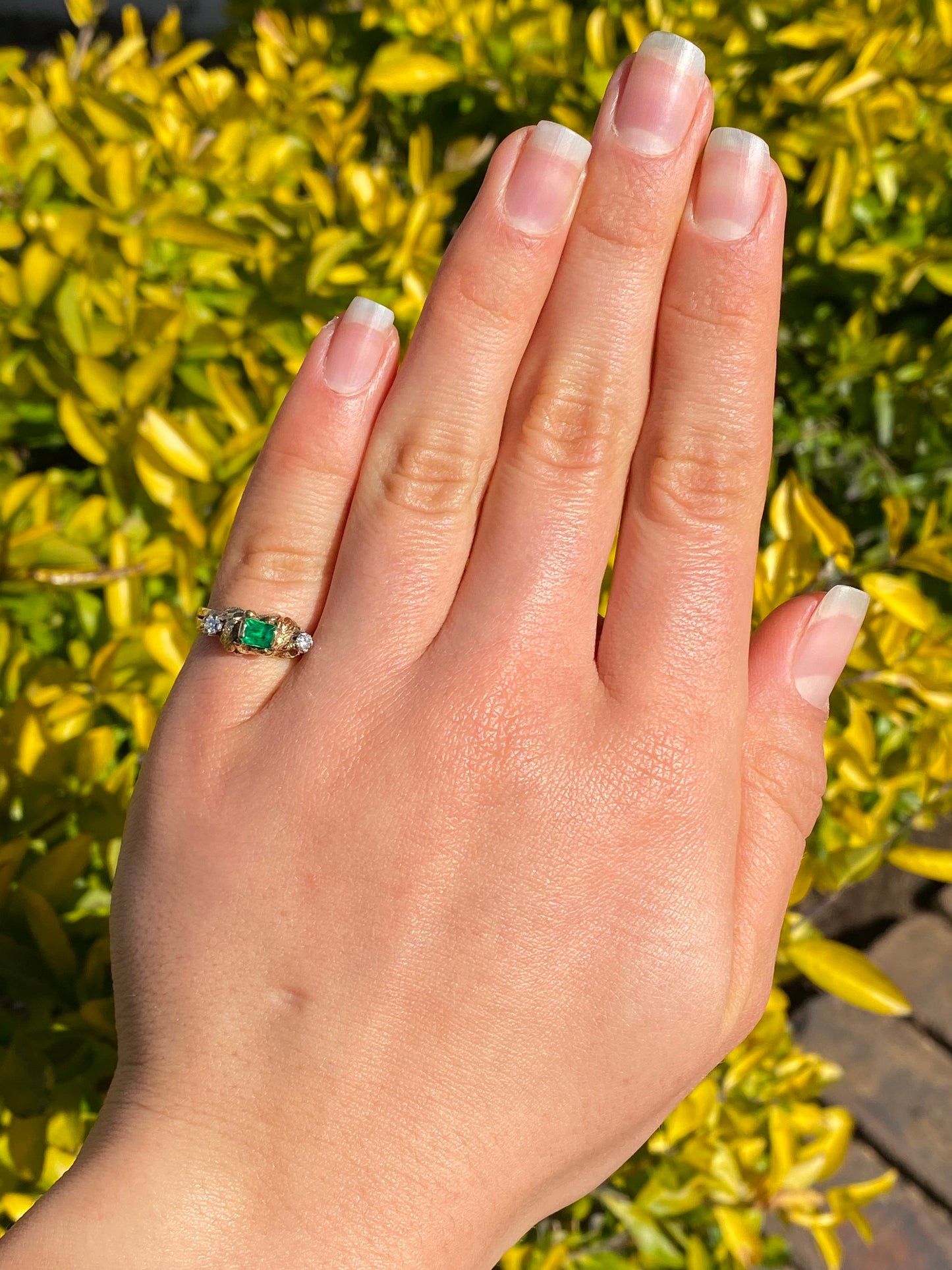 18K gold emerald and diamond ring, circa 1940's.