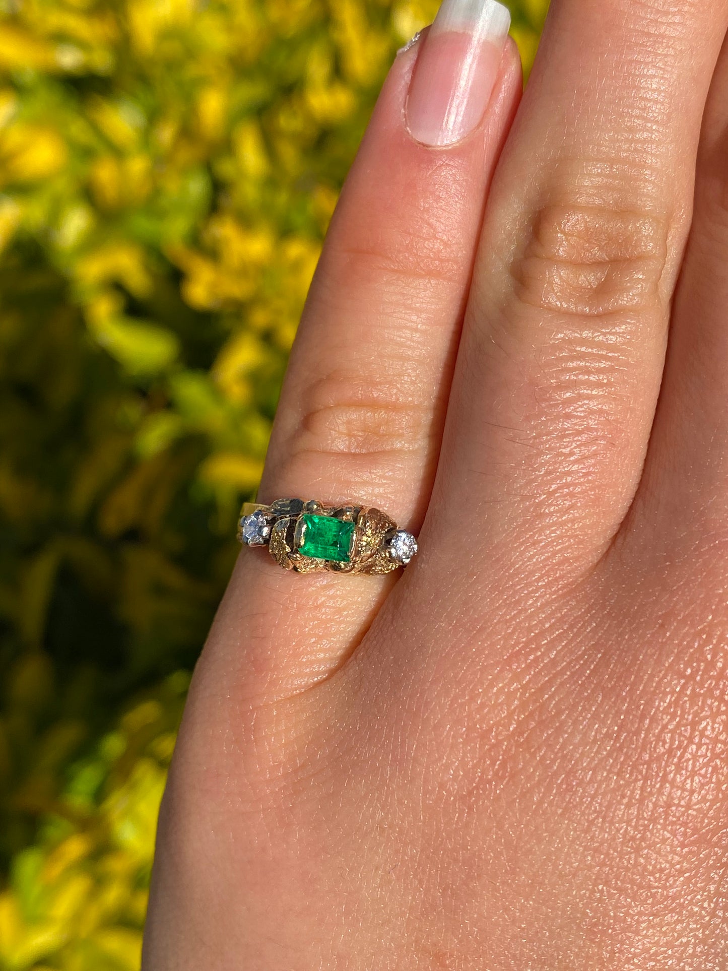 18K gold emerald and diamond ring, circa 1940's.