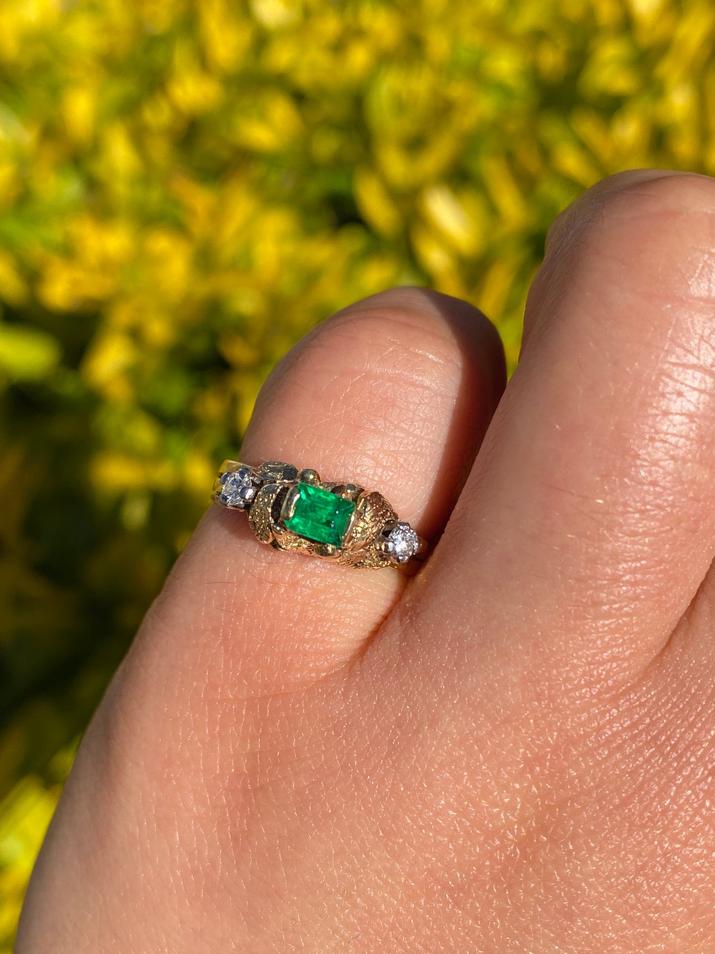 18K gold emerald and diamond ring, circa 1940's.