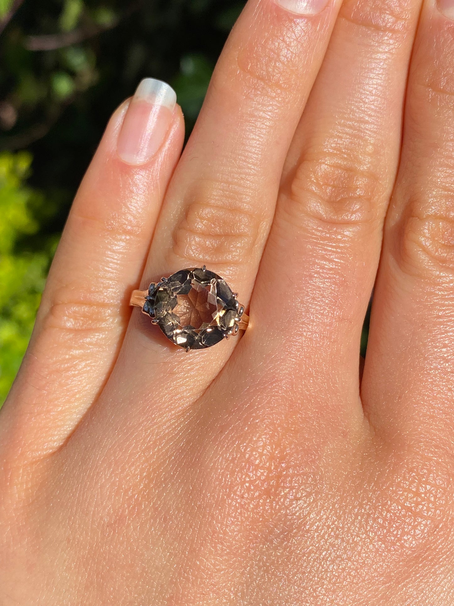9K gold smoky quartz ring, circa 1970's.