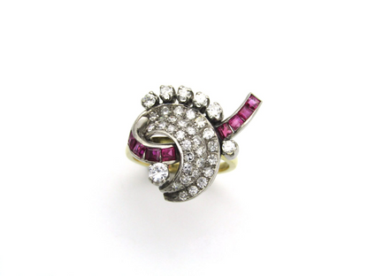 18K gold late Art Deco Burmese ruby and diamond cocktail ring, circa 1930’s.