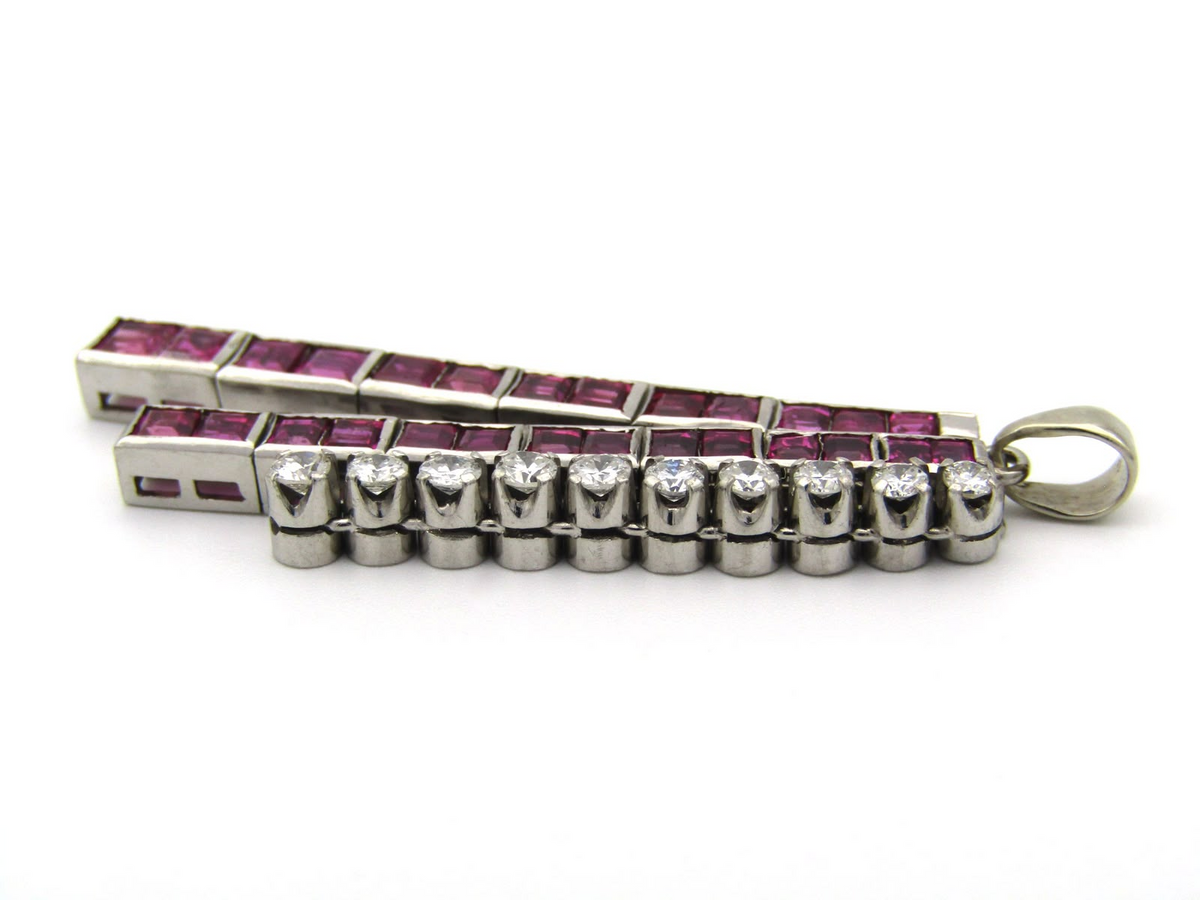 18K gold Art Deco Burmese ruby and diamond articulate pendant, circa 1920's.