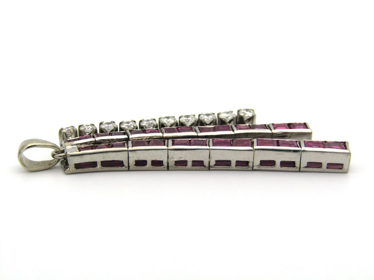 18K gold Art Deco Burmese ruby and diamond articulate pendant, circa 1920's.