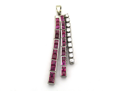 18K gold Art Deco Burmese ruby and diamond articulate pendant, circa 1920's.