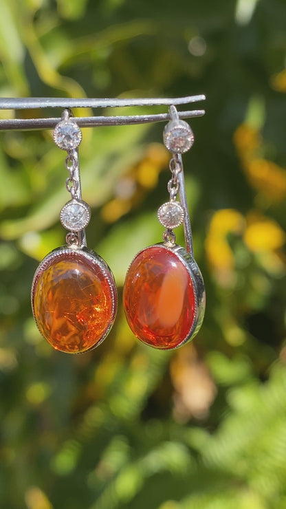 18K gold Art Deco amber and diamond earrings, circa 1920's.