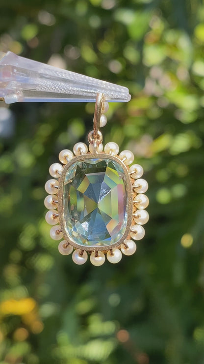 14K gold Victorian aquamarine and seed pearl pendant, circa 1880.