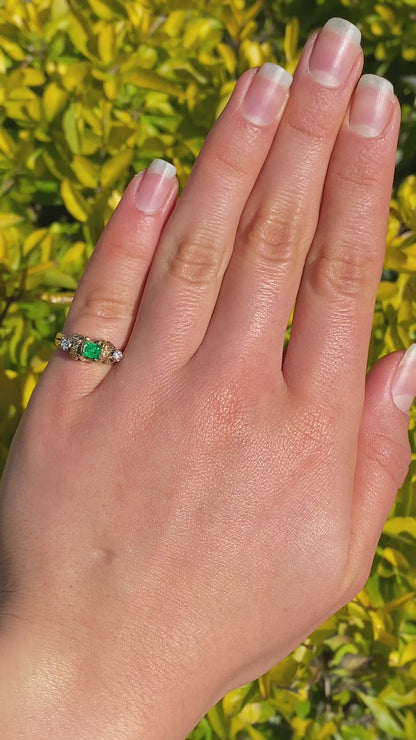 18K gold emerald and diamond ring, circa 1940's.