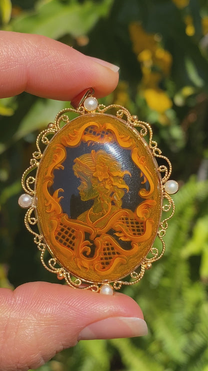 9K gold amber and cultured akoya pearl filigree pendant.
