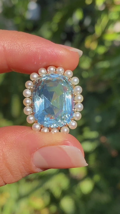 14K gold Victorian aquamarine and seed pearl pendant, circa 1880.