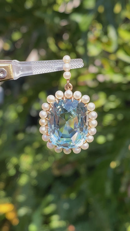 14K gold Victorian aquamarine and seed pearl pendant, circa 1880.
