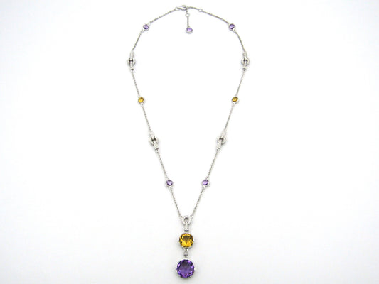 18K gold amethyst, citrine, and diamond necklace.
