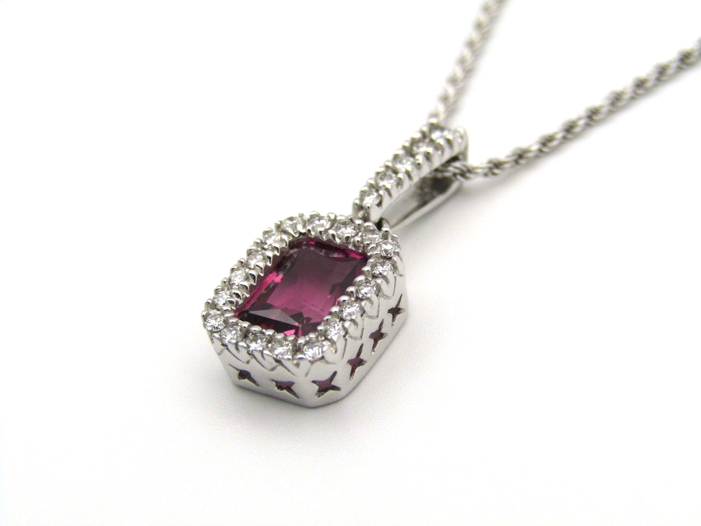 14kt white gold Pink Tourmaline and diamonds pendant.