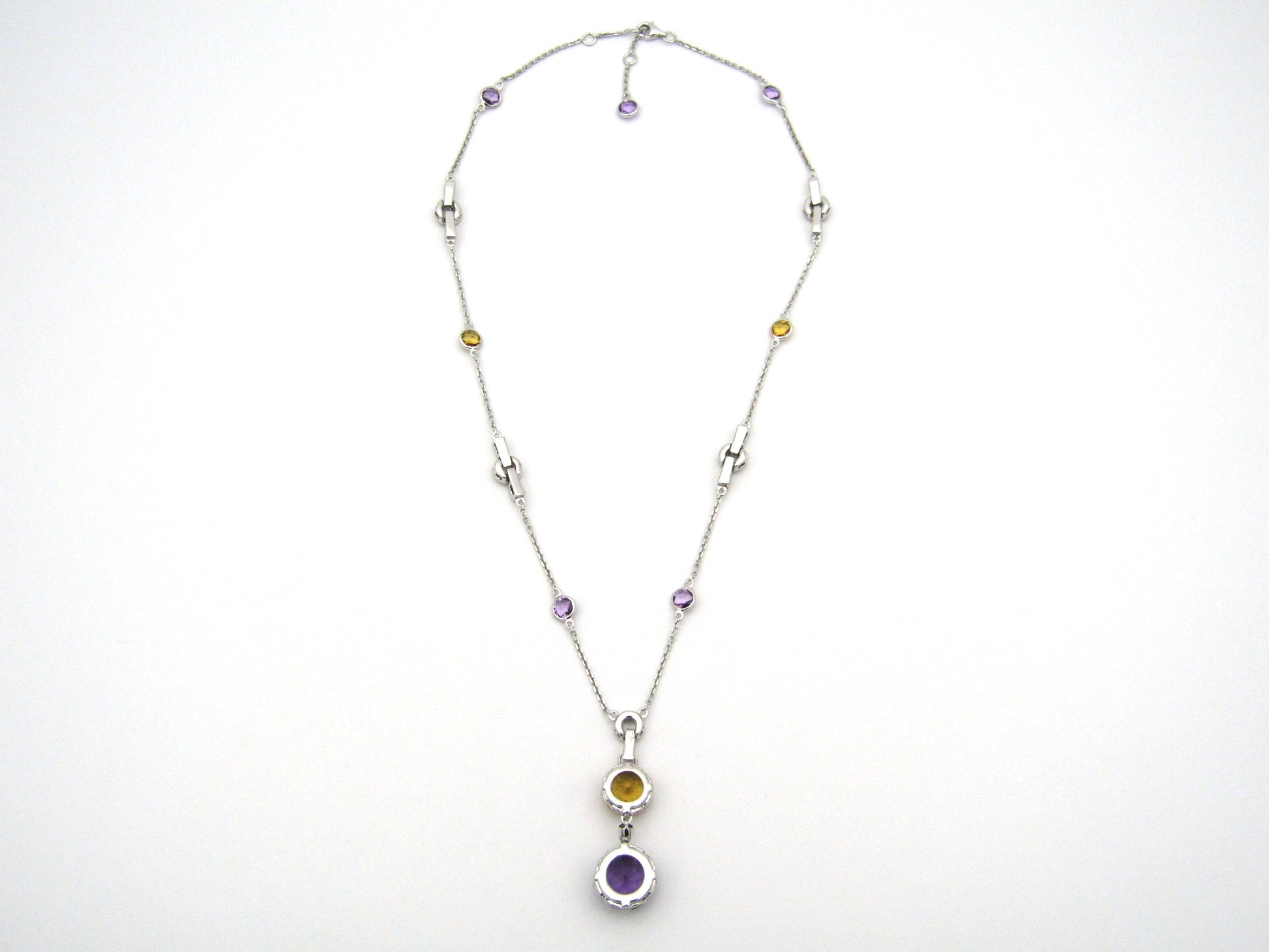 18K gold amethyst, citrine, and diamond necklace.