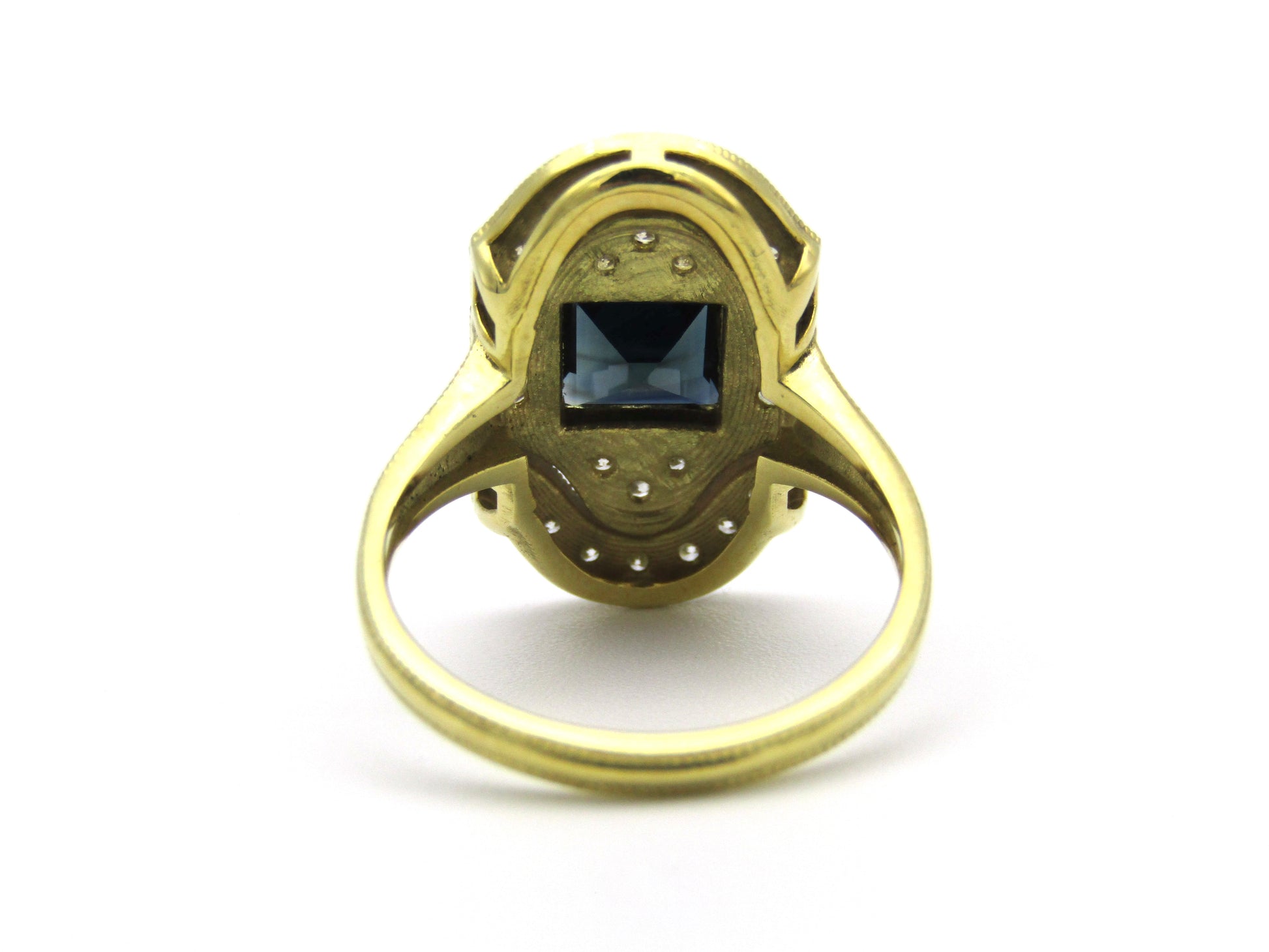 14K gold Art Deco style sapphire and diamond ring.