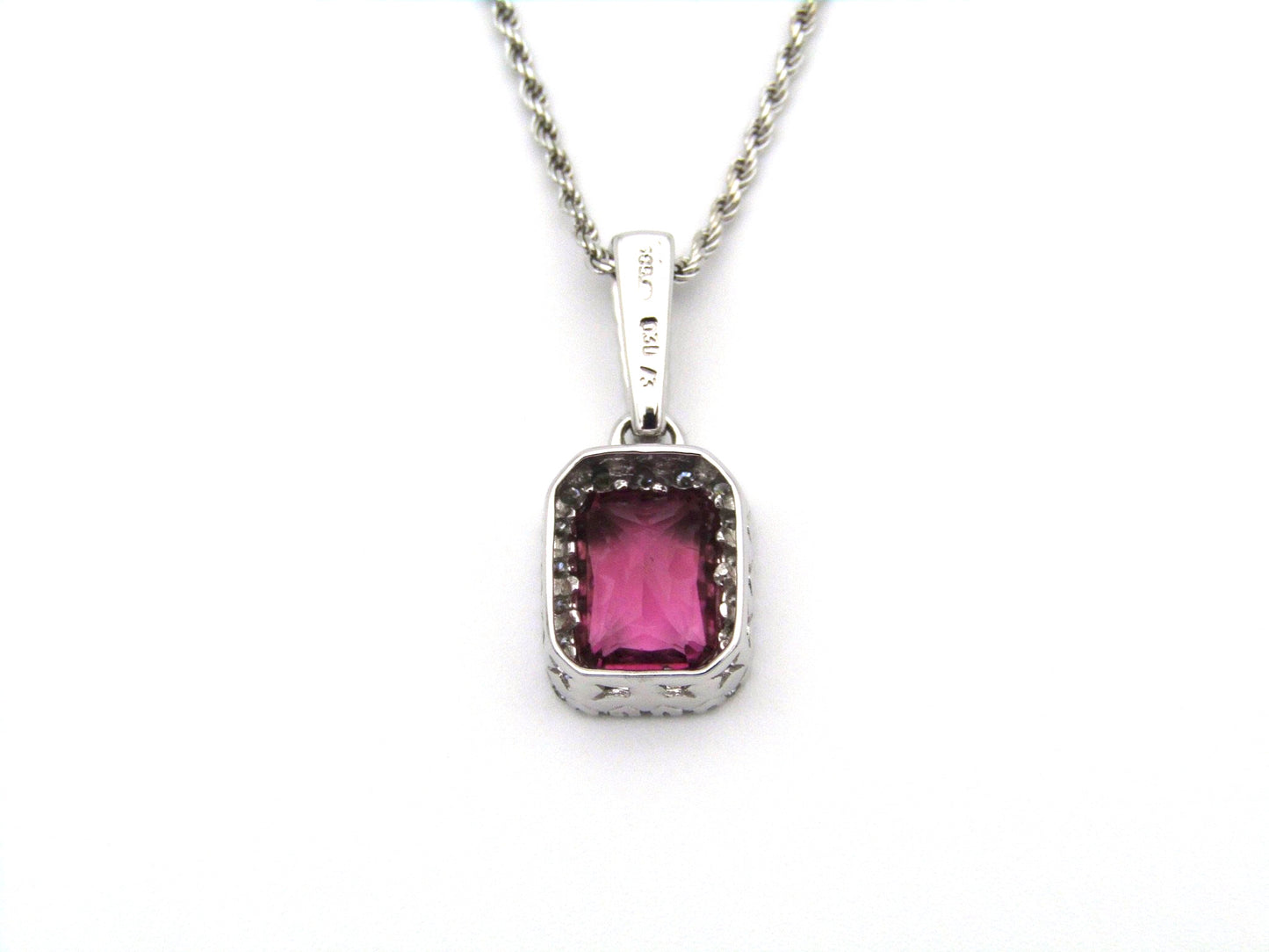 14kt white gold Pink Tourmaline and diamonds pendant.
