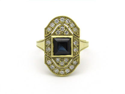 14K gold Art Deco style sapphire and diamond ring.